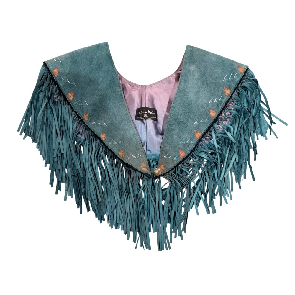 Patricia Wolf Teal Suede Fringe Capelet Southwestern Hand Painted Concho